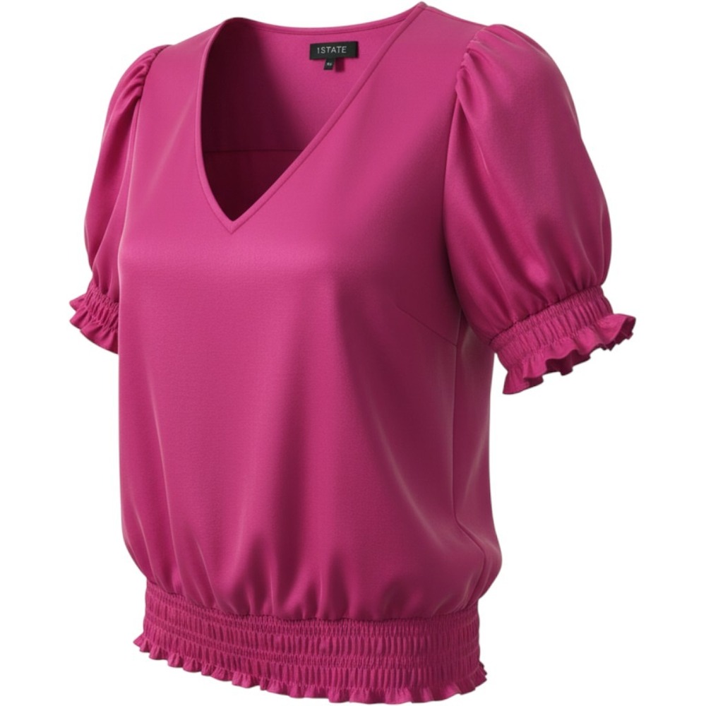 1.STATE Womens V-Neck Smocked Hem Puff Sleeve Blouse Magenta Pink XS